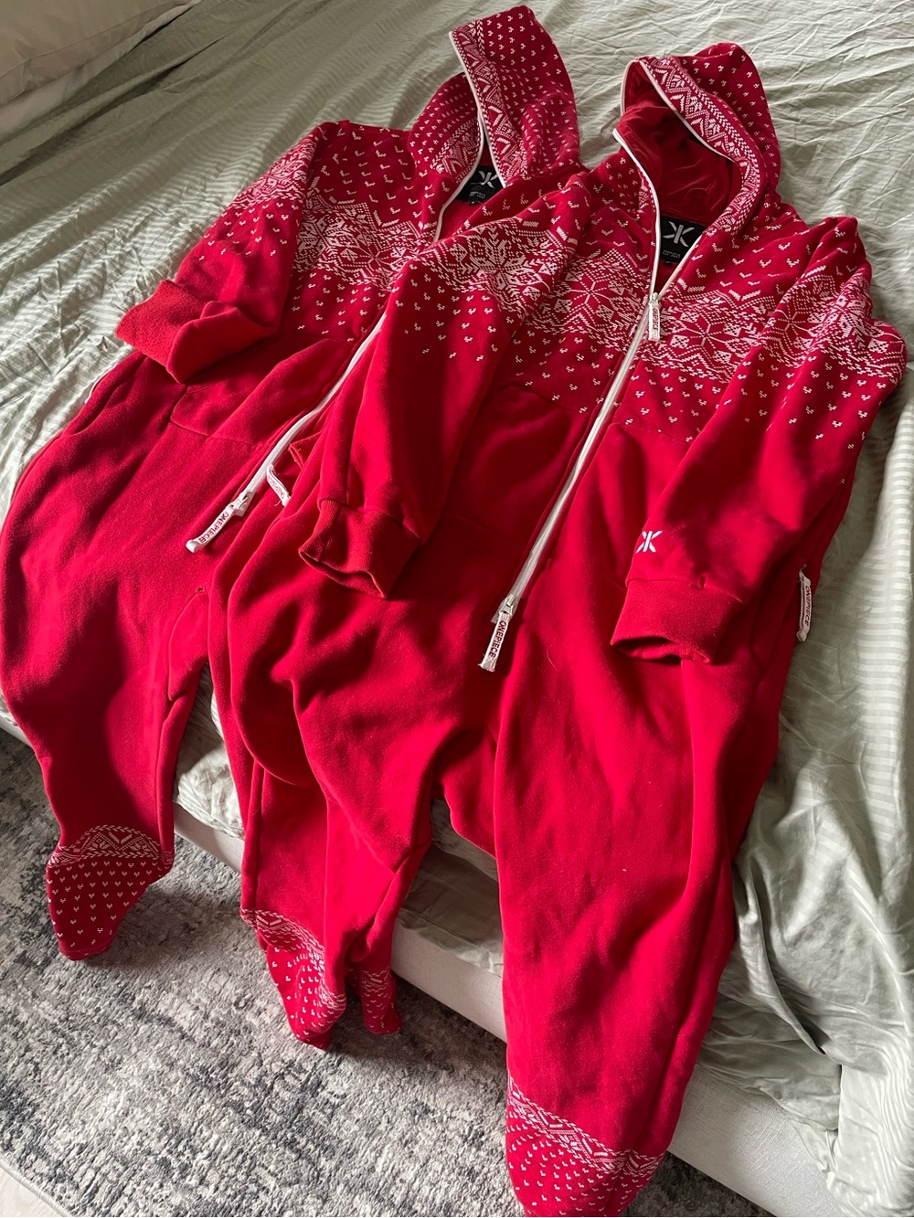 Matching OnePiece Christmas Onesies, Red and White, Size Small and Medium